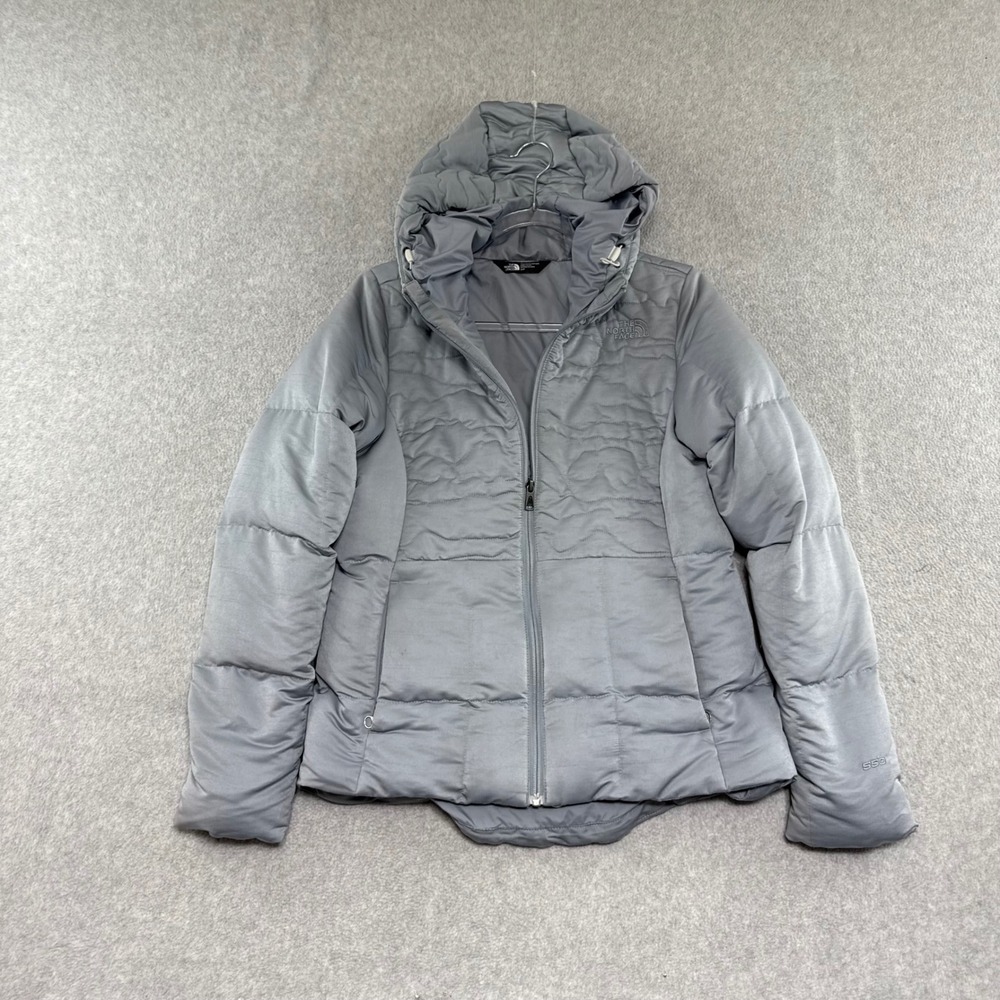 The North Face 550 Down Puffer Jacket Women Small Gray Hooded Quilted 13337